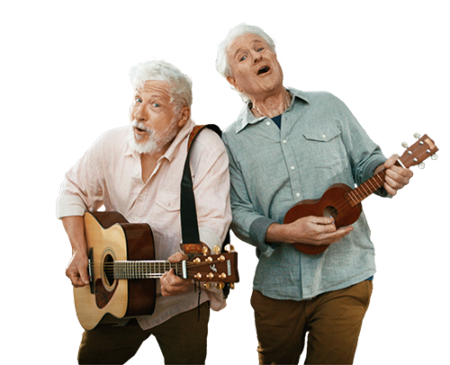 two elderly men playing guitar