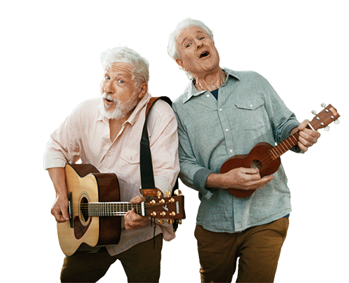 two elderly men playing guitar